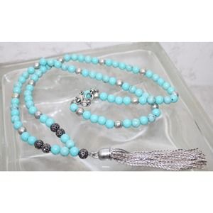 Turquoise and Silver Necklace with silver tassel, Great Details, Beautiful 20"L